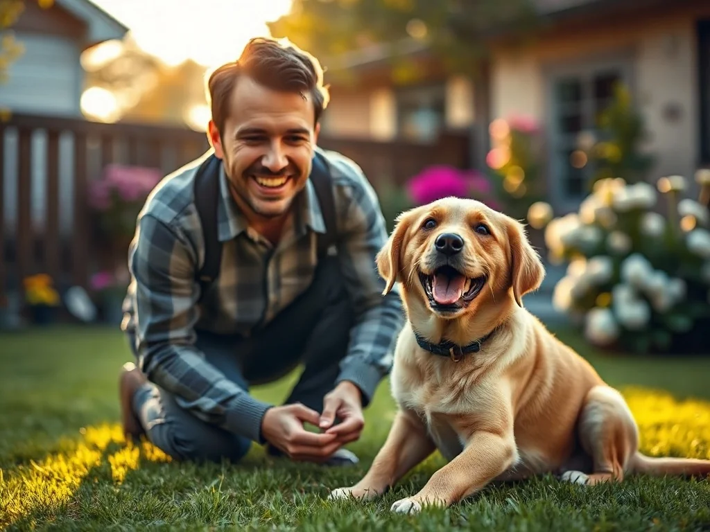 Mężczyzna bawiący się ze szczeniakiem golden retrievera w słonecznym ogrodzie.
