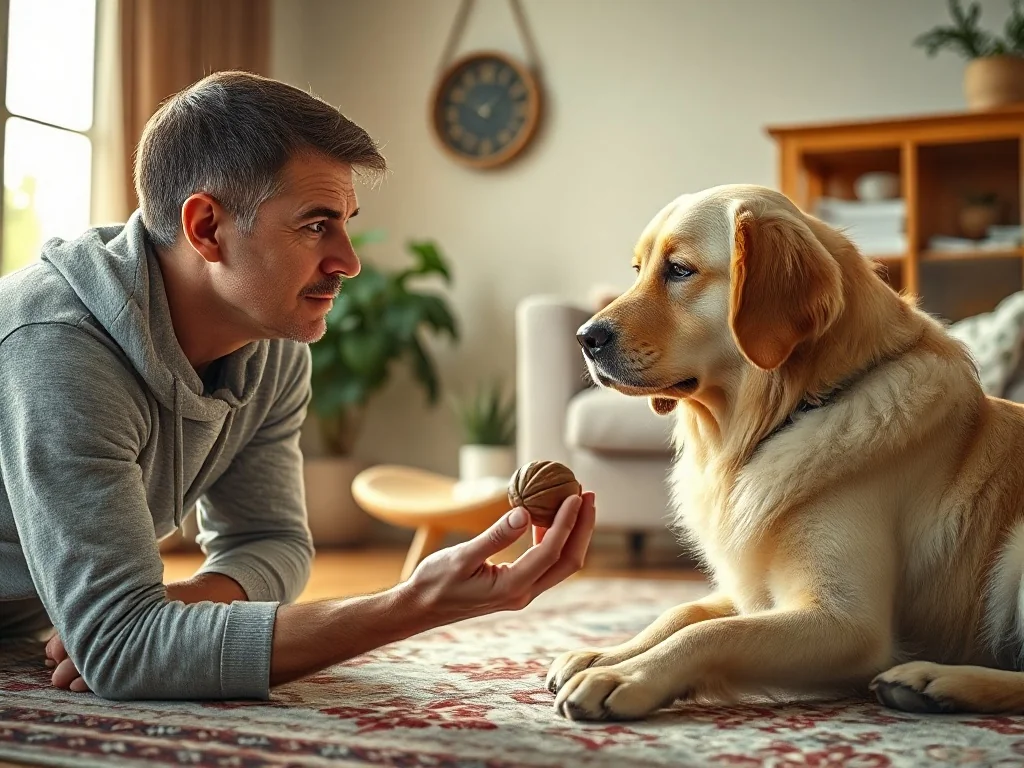 Mężczyzna trzyma orzecha włoskiego przed zaciekawionym golden retrieverem w przytulnym salonie.