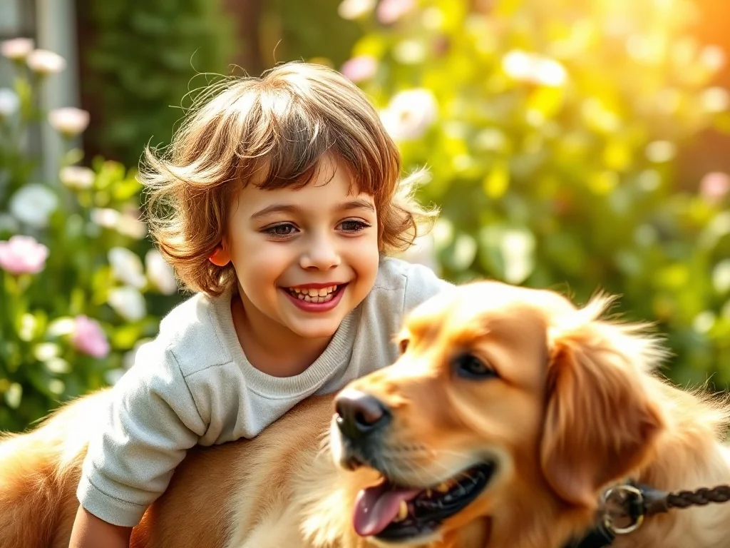 Małe dziecko radośnie bawi się z przyjaznym golden retrieverem w słonecznym ogrodzie.