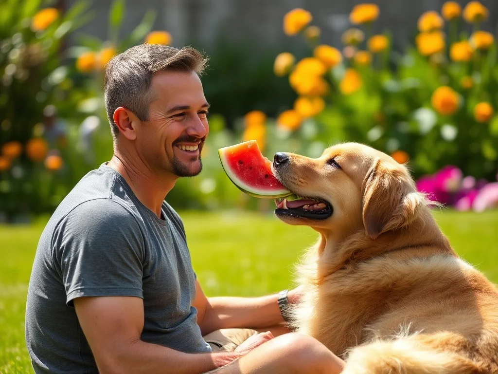 Mężczyzna siedzący na trawniku karmi złotego retrievera kawałkiem świeżego arbuza w słonecznym ogrodzie.
