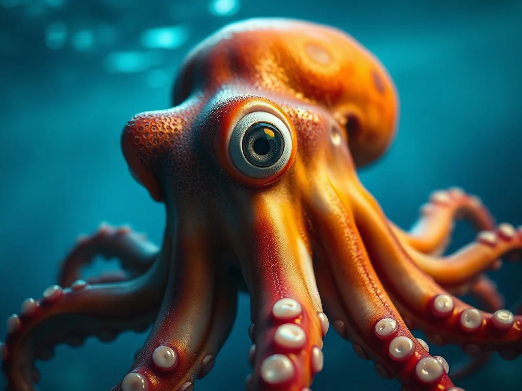 Zbliżenie na ośmiornicę z wyraźnie widocznym okiem i mackami, pływającą w głębinach oceanu.