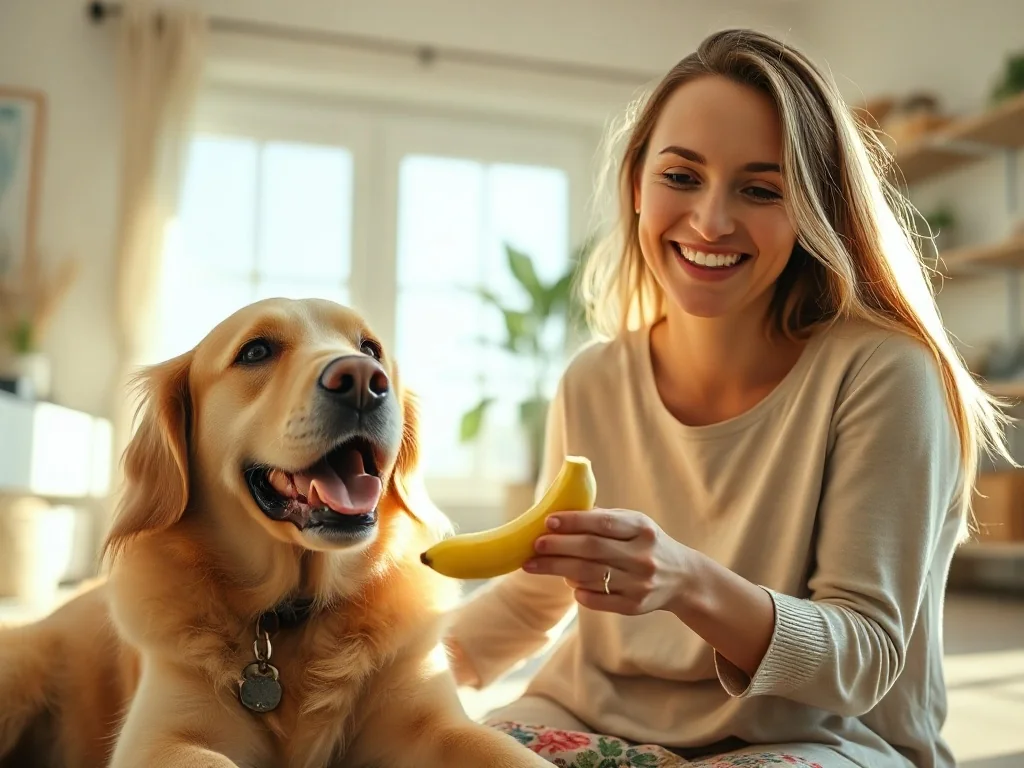 Uśmiechnięta kobieta karmi złotego retrievera kawałkiem banana w przytulnym salonie.