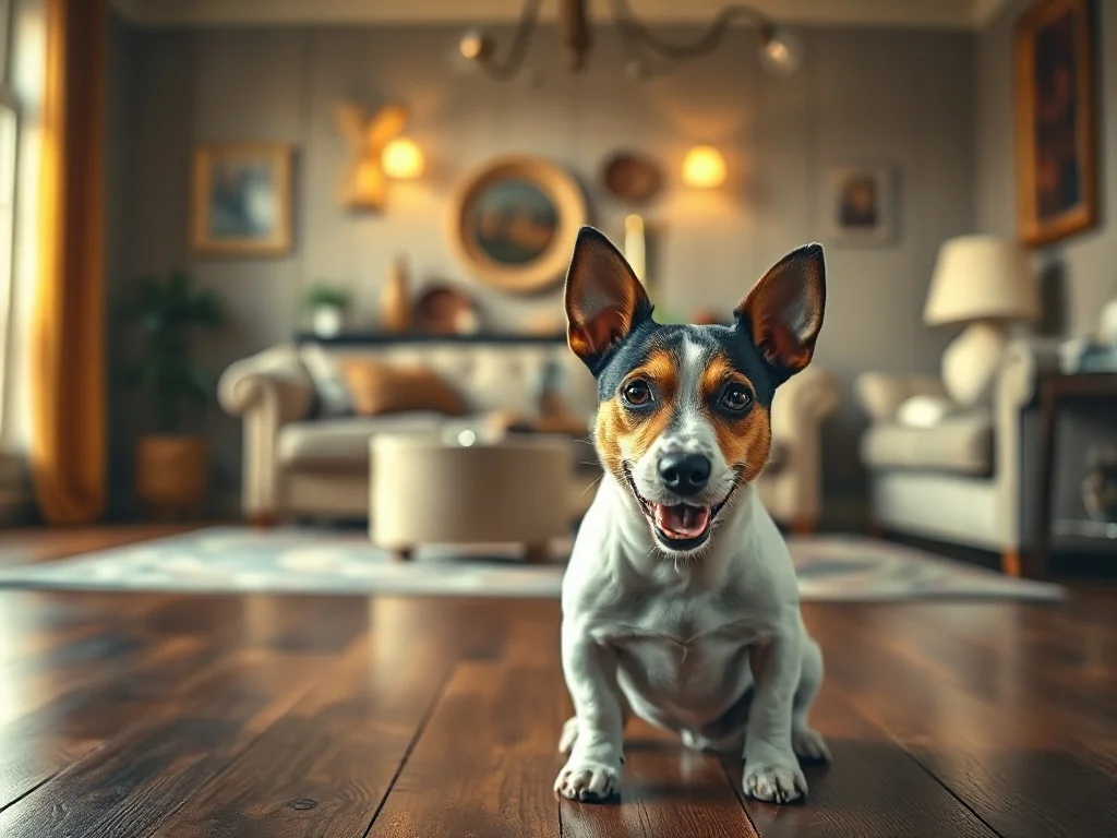 Radosny pies rasy Jack Russell Terrier siedzący na drewnianej podłodze w przytulnym, ciepło oświetlonym salonie.